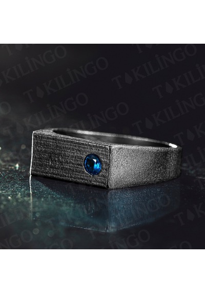 Takılingo 925 Ayar Gümüş Oksitli Pırlanta Montür Mavi Zirkon Taşlı Sade Erkek Yüzük Gümüş