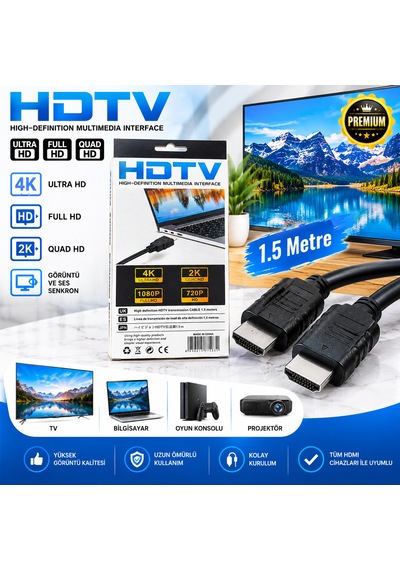 Radem 1.5 Metre Hdmı Kablo 4k Ultra Hd Full Hd 1080p 2k Görüntü Ve Ses Aktarım Kablosu 1.5 M