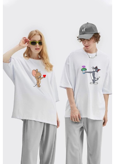 Unisex Kadın Erkek Tom Ve Jerry Baskılı Sevgili Çift Kombini Tasarım Oversize T-shirt 2'li Set Beyaz Mck1953 Beyaz