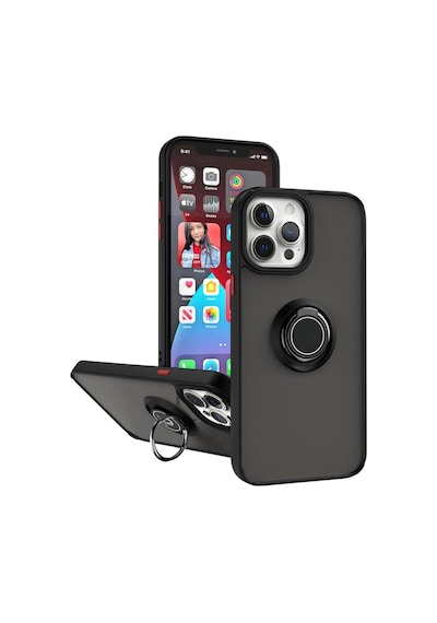 Apple Uyumlu iPhone 11 Pro Max Kılıf Yüzüklü Standlı Extra Darbe Koruma Sert Silikon Kapak Siyah