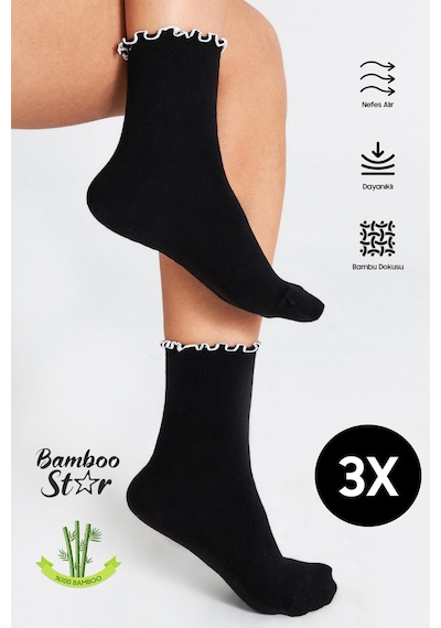 Bamboo Star Bambu Kadın Beyaz Fırfırlı Lastiksiz Dikişsiz Kadın Soket 3lü Siyah Çorap/iz Bırakmaz /sıkmayançorap