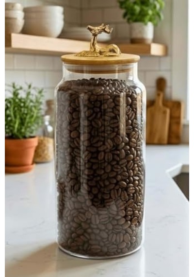 1400 Ml Borosilikat Cam Kavanoz - Altın Geyikli Figür Bambu Kapaklı Lüks Saklama Kabı 12 Izgara
