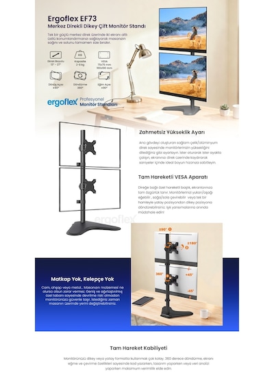 Ergoflex EF73 Steel Design 2-8 kg Çift Ekran Asansörlü 13"-27" Desktop Monitör Standı