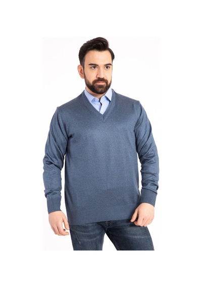 Nacar Store Erkek İndigo V Yaka Triko Kazak Indigo
