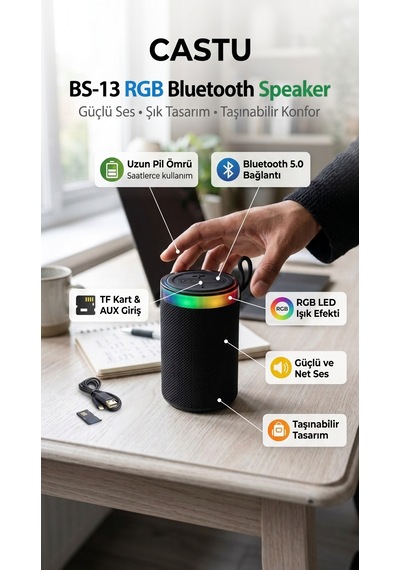 BS-13 RGB LED Işıklı Taşınabilir Bluetooth Hoparlör Yüksek Sesli Kablosuz Speaker AUX USB SD Kart Destekli Şarjlı