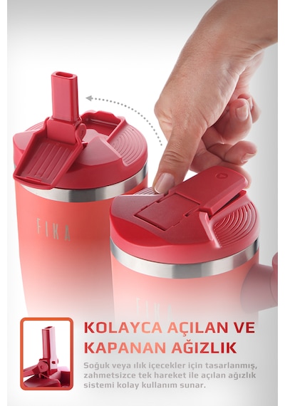 Fika Lumi Patentli Döner Kulplu Sızdırmaz Çelik Termos 1200 Ml - Bej Kırmızı