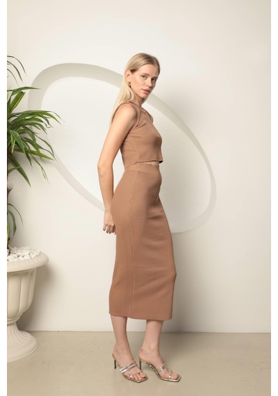 Chıcnhappy Triko Kumaş Croplu Etek Kadın Takım Camel - %100 Polyester Camel