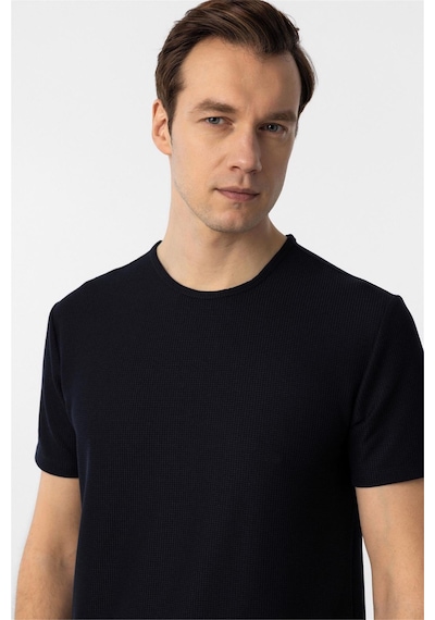 Süvari Lacivert Slim Fit Armürlü Bisiklet Yaka Tişört-37338 Lacivert