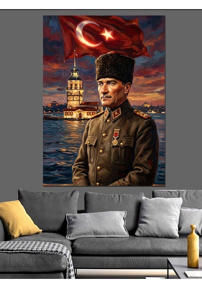Türk Bayrağı Ve Üniformalı Atatürk Dekoratif Kanvas - Mdf Ahşap Tablo