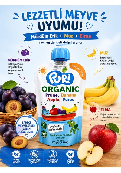 Organic %100 Organik Meyve Püresi Mürdüm Erik Muz Elma 100 G İlave Şekersiz