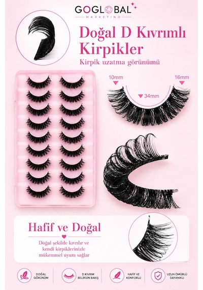 10 Çift D Kıvrım Takma Kirpik Seti Doğal Hacimli Bütün Kirpik 10-16 Mm Hafif Ve Tekrar Kullanıla