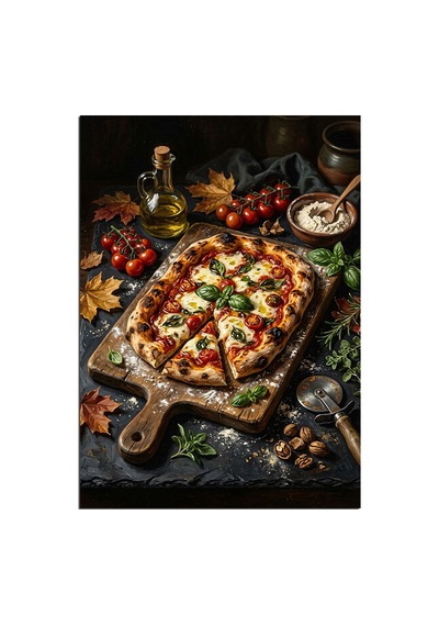 Odun Tahtada Domatesli Pizza Dilimleri Dekoratif Kanvas - Mdf Ahşap Tablo Çok Renkli