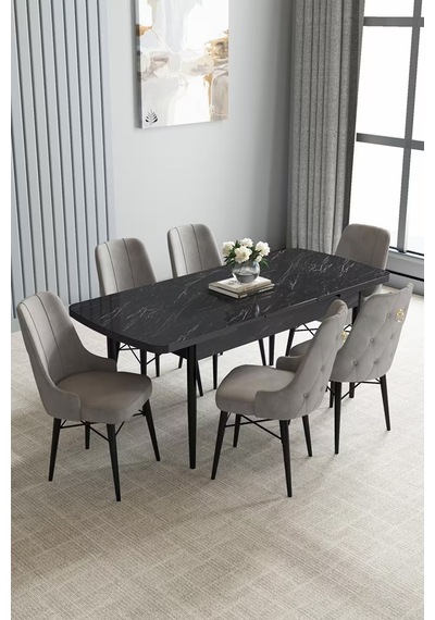 Loft Siyah Mermer 80x132 Açılabilir Mdf Masa Yemek Odası Takımı, Mutfak Takımı 6 Sandalye Gri Loft Siyah Mermer 80x132 Açılabilir Mdf Masa Yemek Odası Takımı, Mutfak Takımı 6 Sandalye Gri