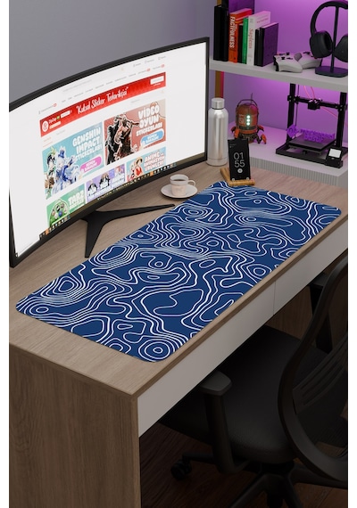 Mavi Beyaz 90x40 Xxl Taraftar Gaming Oyuncu Mouse Pad Kaymaz Taban Büyük Fare Altlığı Topography