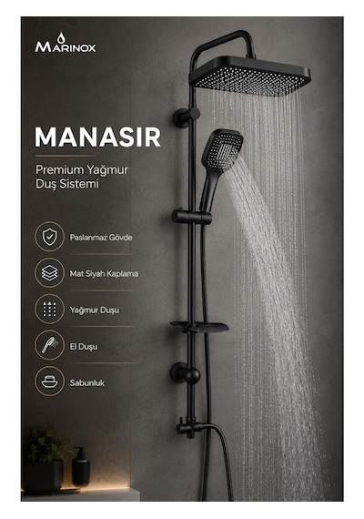 Manasır Mat Siyah Premium Lük Tepe Duş Seti