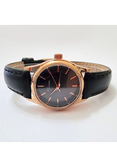Retro Kadın Kol Saati, Vintage Minimal, Rose Gold Renk, Çizgili Kadran, Koyukahverengi Kordon Rose Gold Siyah Kordon Altın