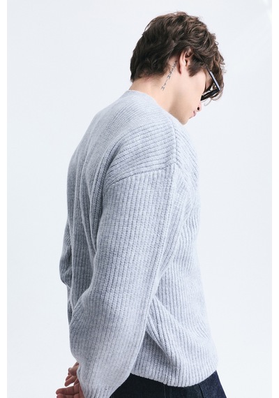 Vamos Oversize Fitilli Triko Kazak Gri Melanj