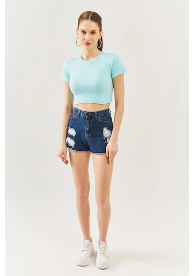 Butikgiz Kadın Kısa Kol Bisiklet Yaka Vücuda Oturan %100 Pamuklu Kaşkorse Esnek Crop Bluz Aqua
