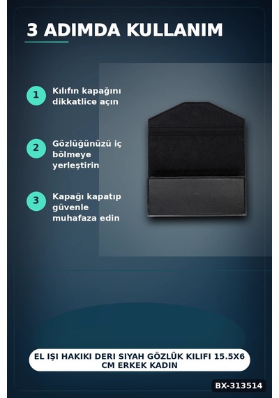 El Işi Hakiki Deri Siyah Gözlük Kılıfı 15.5x6 Cm Erkek Kadın Bx-313514