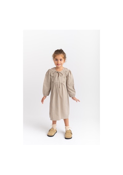 Oliventhekid Bağcıklı Papatya Detaylı Kız Çocuk Elbise Bej Bej