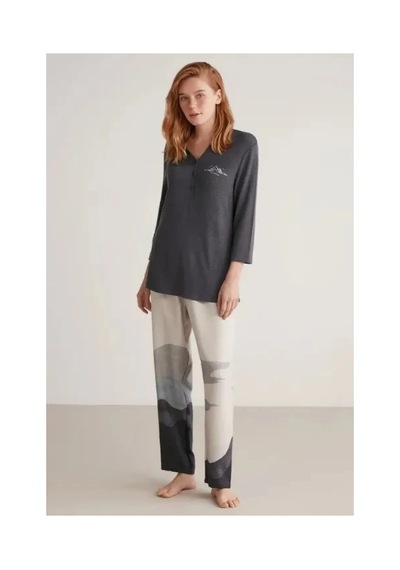 Moda Dua Nautıca W604 Kadın Patlı V Yaka Uzun Kollu Pijama Takımı lacivert