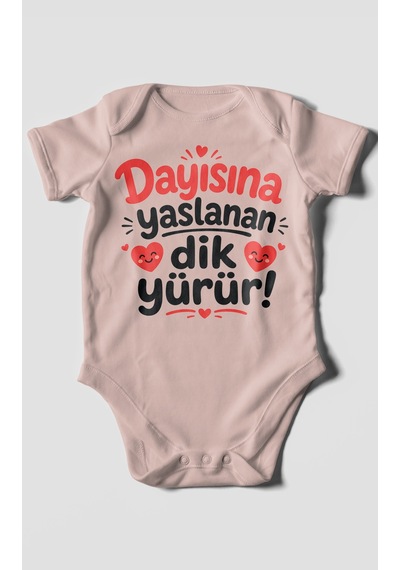 Morivokids Dayısına Yaslanan Dik Yürür Kısa Kollu Bebek Body %100 Pamuk Zbn254-kk Pastel Pembe