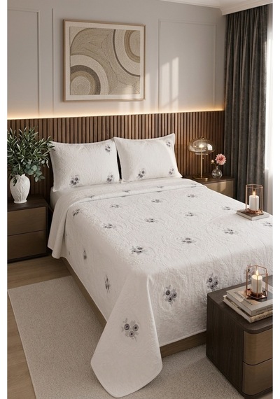 Gardenlove Nakışlı Şönil 3 Parça Çift Kişilik Yatak Örtüsü Gri Çok Renkli
