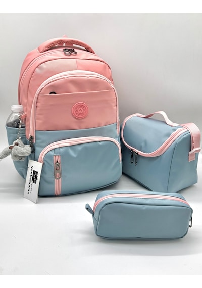İlk Okul Çantası 3'lü Seti Unisex Suya Dayanıklı Çocuk Ilkokul Çantası 8010 Mavi - Pudra Mavi