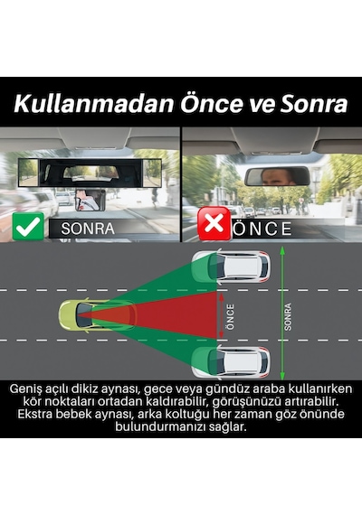 Polham Kavisli Ultra Geniş Araç İçi Dikiz Aynası Ekstra Yan Ve Kör Nokta Aynalı, Tüm Araçlara Uyumlu
