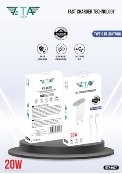 Eta-06lt 20w Gerçek Güç Pd Qc 4.0 Destekli Hızlı Şarj Adaptörü Ve 1 Metre Type-c To Lightning Kablo Seti İphone 11/12/13/14 Pro Ve Pro Max İle Uyumlu
