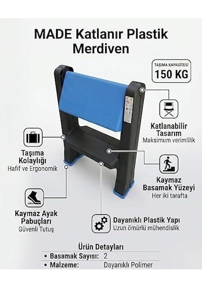 Made Katlanır Plastik Merdiven 2 Basamaklı - 150 Kg Taşıma Kapasiteli, Ev Ve Ofis Tipi Taşınabilir Merdiven Tabure, Kaymaz Tabanlı Çift Taraflı Basamak, Mavi-siyah