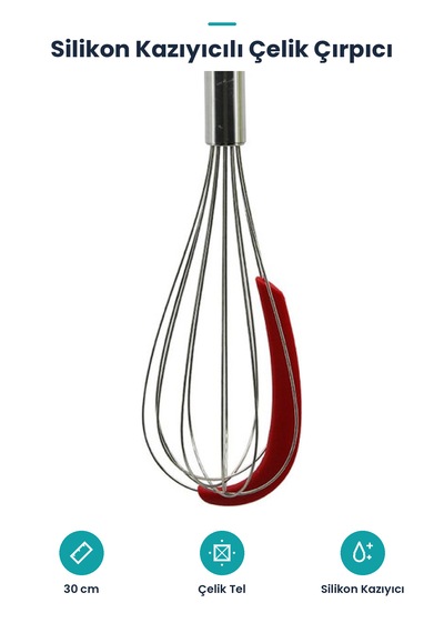 Krom Saplı Çelik Tel Çırpıcı - Renkli Silikon Kazıyıcılı - 30 Cm Çok Renkli