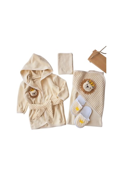 %100 Organik Pamuk Bebek Premium Bornoz Seti 0-1 Yaş 4 Parça, Unisex,  Kutulu Bej