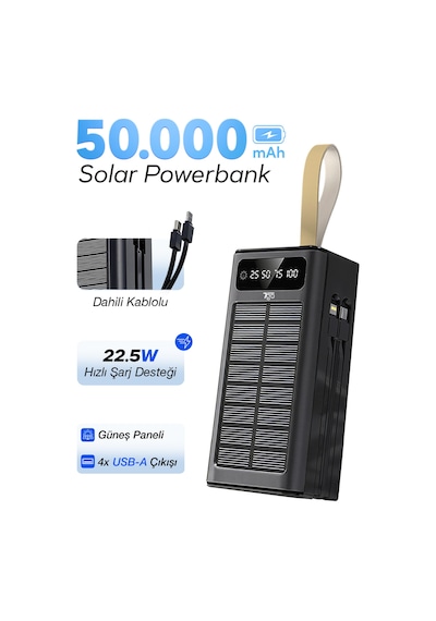 7go Gpw-01 50.000 Mah Solar Powerbank 22.5 W Hızlı Şarj, Dahili Kablolu, Led Ekranlı Taşınabilir Ş Siyah
