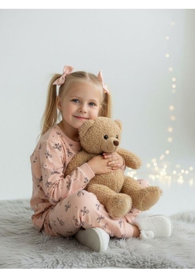 Kız Çocuk Pamuklu Fiyonklu Pijama Takımı-16829 Pudra