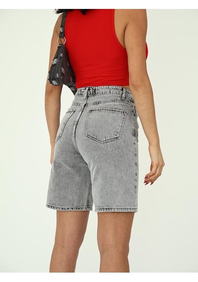 Boru Paça Denim Şort Gri