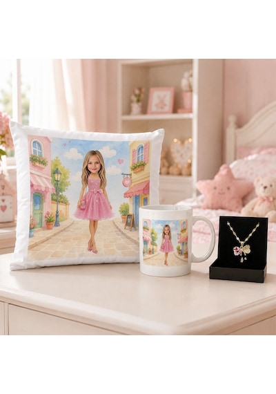 K Gift Kişiye Özel Karikatürlü Oyuncak Bebek Tasarımlı Kırlent Yastık & Beyaz Kupa & Kolye -10 Kız Çocuklarına Özel Hediye Seti