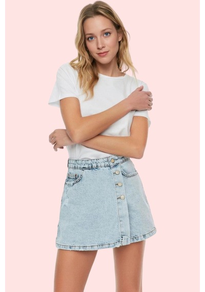 Ersefa Kadın Pamuklu Denim Şort Etek Parça Boya Casual Stil Yüksek Bel Y mavi