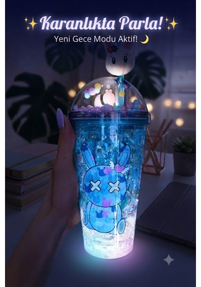 Çift Katmanlı İçecek Bardağı Led Işıklı Pipetli Kawaii Chibi Sevimli Tavşan Figürlü Suluk 450ml Mavi