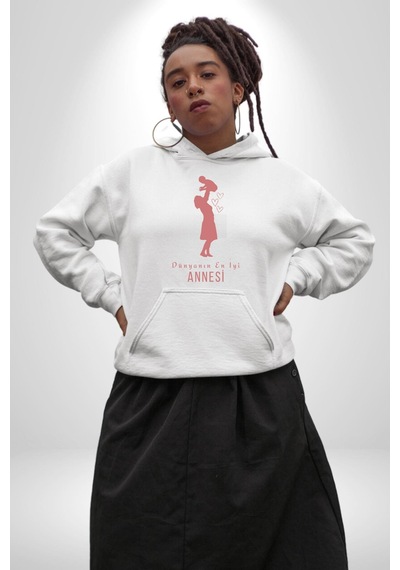 Anneler Günü Dünyanın En İyi Annesi Kadın Erkek Beyaz Kapüşonlu Sweatshirt Hoodie Beyaz