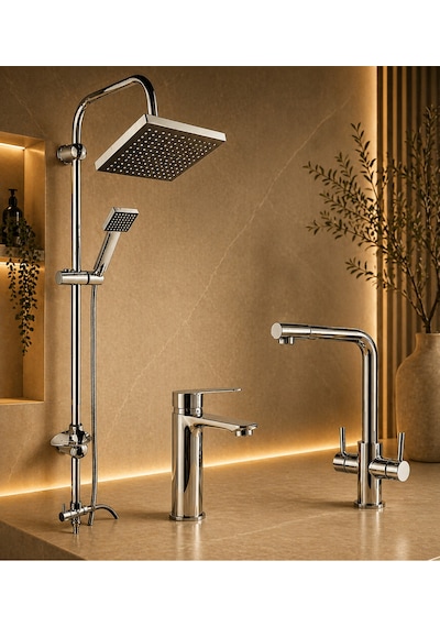 Lüx Premium Krom 3'lü Set Robot Duş Seti Sabit Lavabo 3 Yollu Arıtma Musluğu Çeşmesi Bataryası Banyo Mutfak Seti Gri