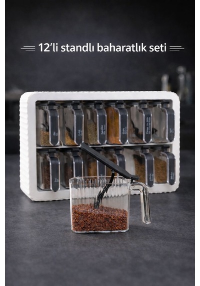 12 Li Standlı Kendinden Yapışkanlı Kaşıklı Baharatlık Takımı-kulplu Baharatlık Beyaz Renk Beyaz - Gri