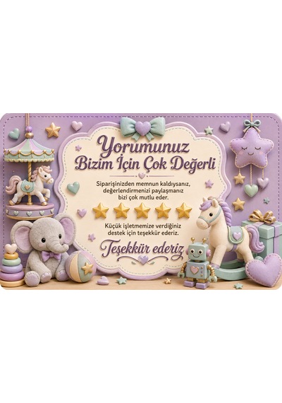Oyuncak Mağazası Temalı Thank You Kartı Müşteri Yorum Kartı 8x5 Cm Mor