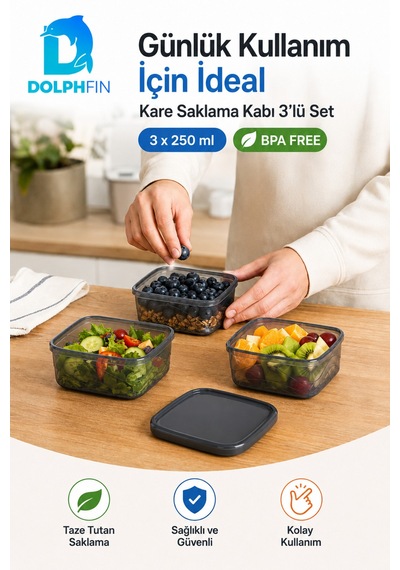 3 Lü Kare Saklama Kabı Seti 3x250 Ml Füme Şeffaf Siyah Kapaklı Bpa İçermez