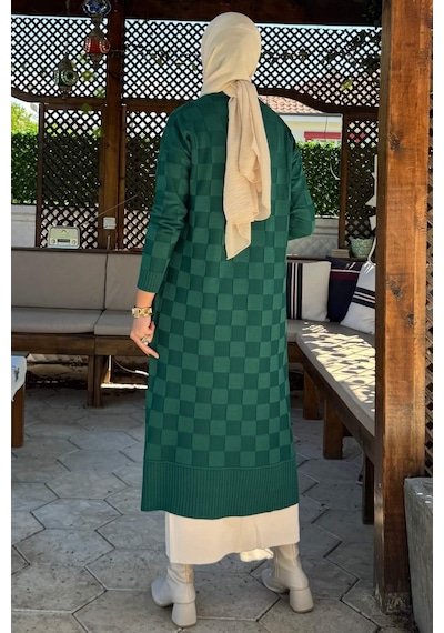 Rabia Şamlı Dama Desenli Triko Hırka Zümrüt Normal