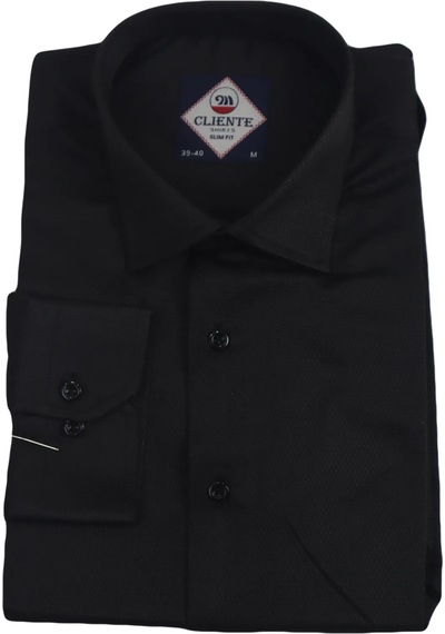 Cliente Dmctekstil Erkek Armürlü Spor Kesim Dar Kalıp Cepsiz Uzun Kollu Yazlık Gömlek Siyah