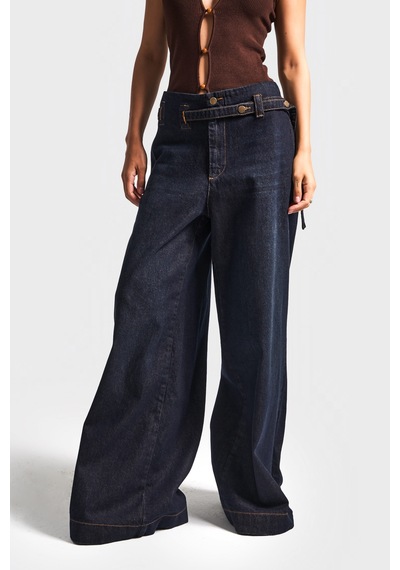 Itsbasic Kadın Koyu Kot Rengi 2w5-128 Süper Palazzo Fit %100 Koton Kemer Detaylı İç Boy 83cm Denim Jean