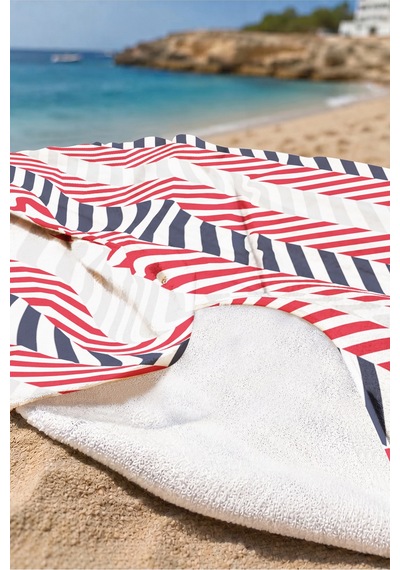 Çizgili Marine Plaj Havlusu - Modern Kırmızı Lacivert Beyaz Hızlı Kuruyan Mikrofiber Havlu Eski Deniz