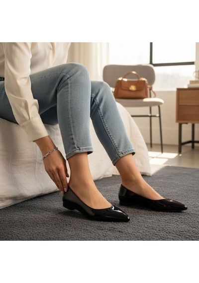 Ne&ve Shoes Siyah Rugan Sivri Burun Kadın Şık Ve Rahat Günlük Babet