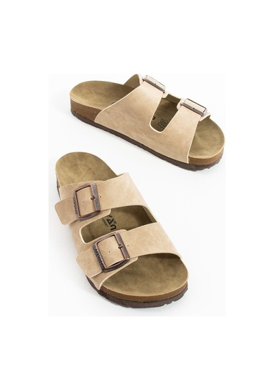 Polomia Comfort Mikanos Aryan Unisex Ortapedik Eva Taban Comfort Çift Bantlı Tokalı Günlük Rahat Sandalet Terlik Bej
